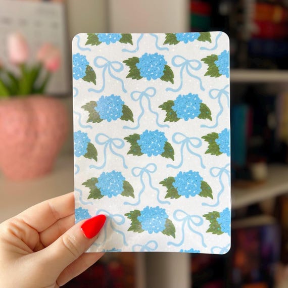 Blue Hydrangea Bow Insert | Floral Cottagecore Holographic Case Insert for E-Readers | Glitter Coquette Cardstock Kobo Insert