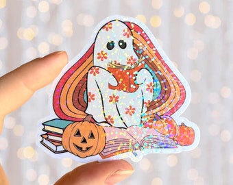 Ghost Reading Sticker | Retro Spooky Book Sticker |  Holographic Waterproof Kindle Laptop