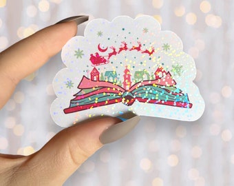 Christmas Reading Sticker | Holographic Books and Santa Claus Sticker | Waterproof Kindle Laptop | Vinyl Glitter Sticker | Christmas Gift