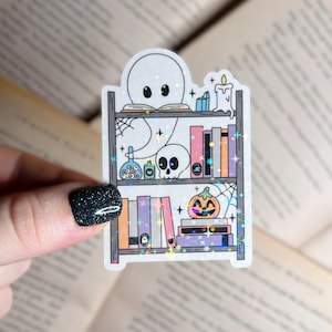 Bookish Sticker | Halloween Bookshelf Holographic Sticker | Vinyl Laptop, Kindle Sticker | Spooky Sticker, Fall Sticker, Spooky Books