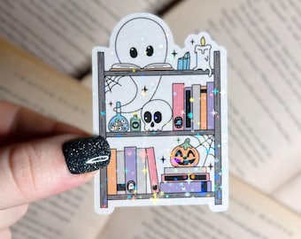 Bookish Sticker | Halloween Bookshelf Holographic Sticker | Vinyl Laptop, Kindle Sticker | Spooky Sticker, Fall Sticker, Spooky Books