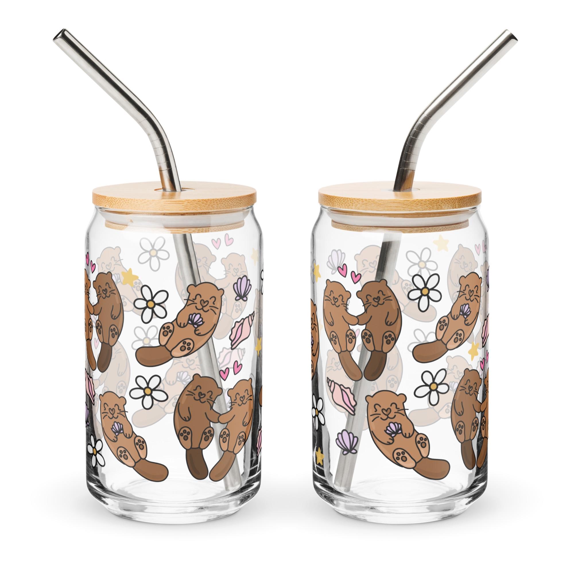 Otterly Cozy Glass Cup | Cute Otter Glass Tumbler | Cozy Aesthetic Iced Coffee Cup | Bamboo Lid + Straw | Summer Iced Coffee Drinkware