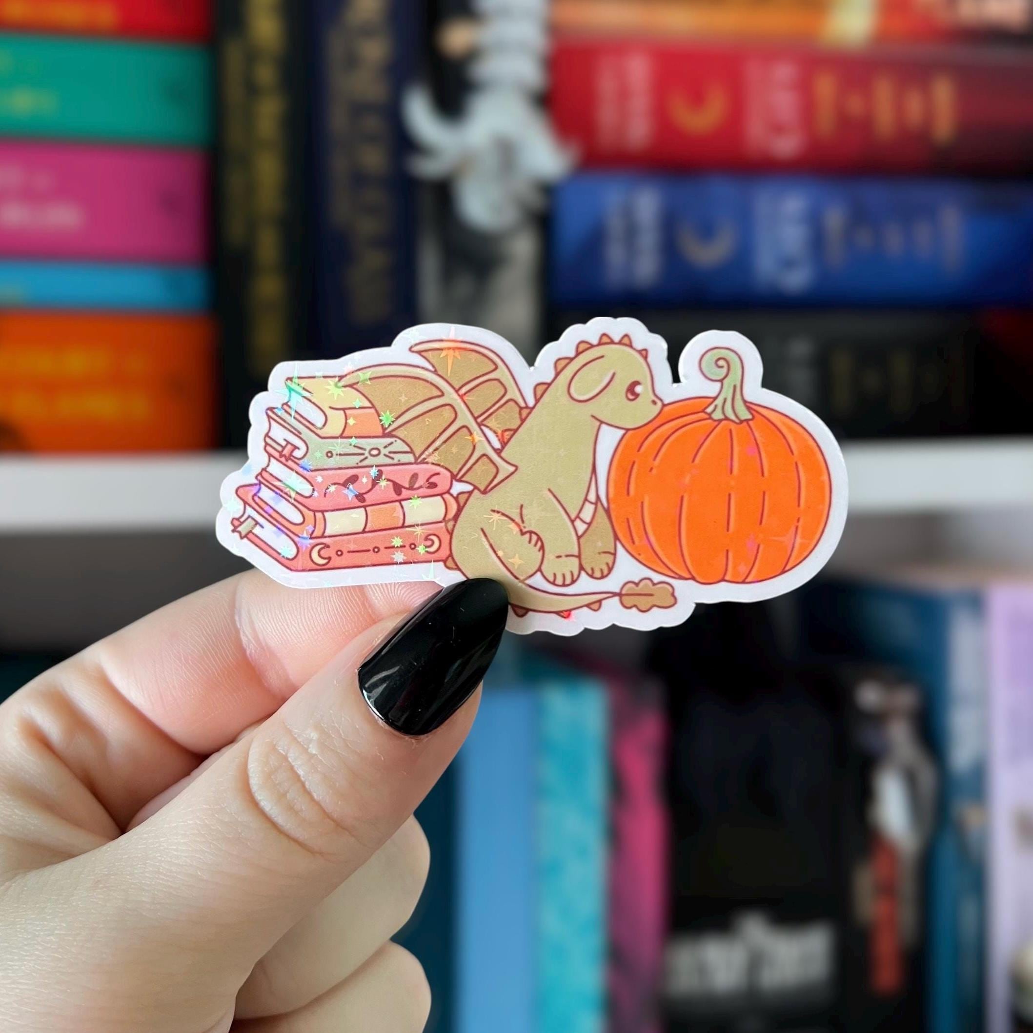 Pumpkin Dragon Book Sticker Cozy Autumn Dragon & Book Stack Sticker Holographic Fall Fantasy Sticker for Kindle, Laptop, eReader, Kobo
