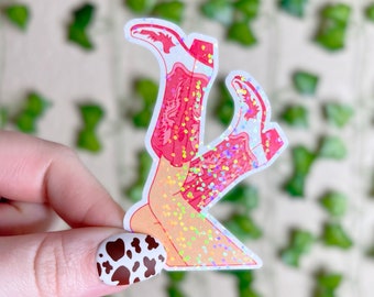 Cowgirl Sticker | Holographic Pink Western Cowgirl Boots Sticker | Waterproof Kindle, Laptop | Vinyl Glitter Sticker