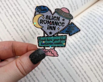 Reading Sticker | Holographic Alien Romance Sticker | Holographic E-Reader, Kindle Sticker | Vinyl Glitter Sticker | Bookish Gift