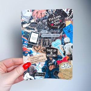 May include: A collage-style print featuring hockey-themed elements. The design incorporates hockey player images, ticket stubs, and text like "I Pucking Love You" and "Shut Up & Kiss Me!" The color palette includes blues, whites, and reds.