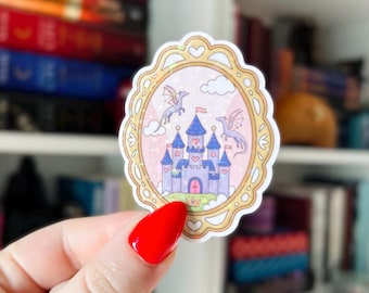 Fantasy Book Castle Sticker | Whimsical Castle Vinyl Sticker with Dragons | Bookish Fairycore Gift | Frame Holographic Kindle Sticker