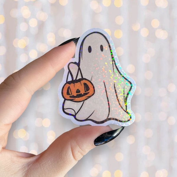 Ghost Sticker | Holographic Halloween Pumpkin Trick or Treat Sticker | Waterproof Kindle Laptop | Vinyl Glitter Sticker