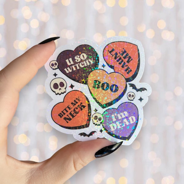 Halloween Conversation Hearts Sticker | Holographic Spooky Sticker | Waterproof Kindle Laptop | Vinyl Glitter Sticker