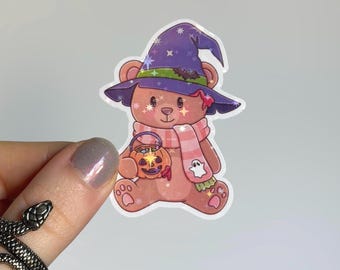 Halloween Teddy Bear Sticker | Holographic Cozy Witch Sticker for Kindle