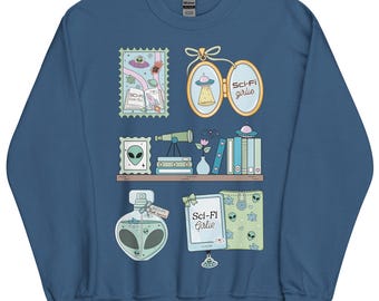 Sudadera con collage de ciencia ficción para chicas / Sudadera con cuello redondo para amantes de los libros / Regalo para lector con estética alienígena / Suéter para club de lectura de género / Suéter para amantes de los libros