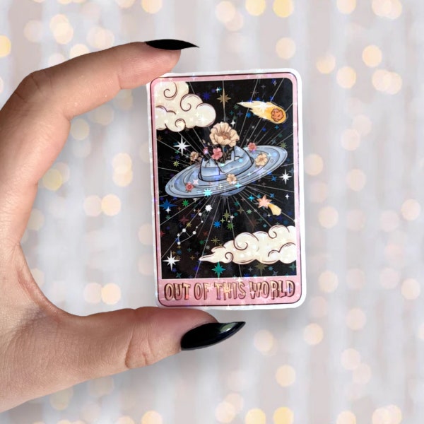 Out Of This World Tarot Sticker | Holographic Cosmic Outerspace Sticker | Waterproof Kindle Laptop Glitter Vinyl Planet Flowers Sticker