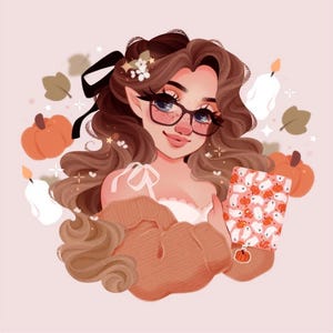 May include: A digital illustration of a person with long wavy brown hair, wearing black-rimmed glasses and a tan jumper. They hold a notebook with a pattern of white ghosts and orange pumpkins, surrounded by floating pumpkins, candles, and leaves.