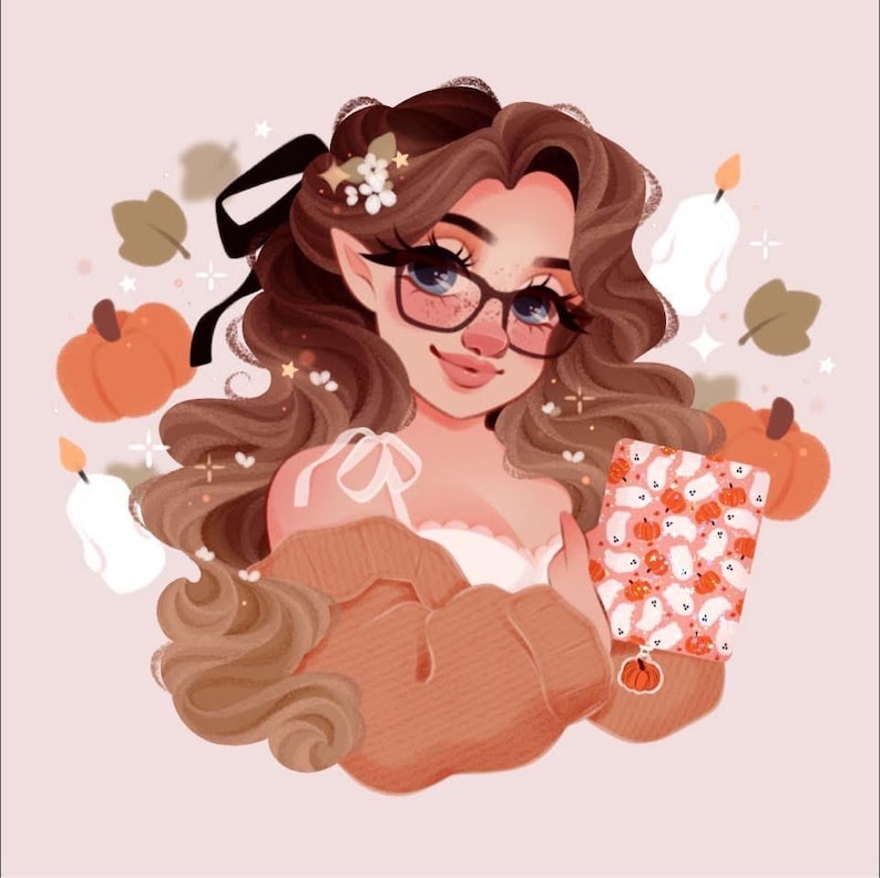 May include: A digital illustration of a person with long wavy brown hair, wearing black-rimmed glasses and a tan jumper. They hold a notebook with a pattern of white ghosts and orange pumpkins, surrounded by floating pumpkins, candles, and leaves.