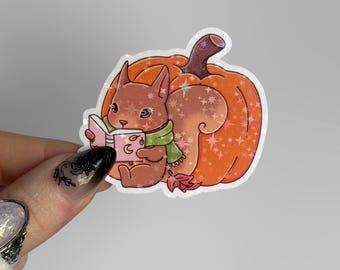 Autumn Squirrel Reading Sticker | Holographic Fall Pumpkin Bookish Sticker for Kindle