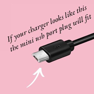 Op de afbeelding: Close-up van een zwarte micro-USB-connector. De tekst luidt "Als uw oplader er zo uitziet, past de micro-USB-poortplug".