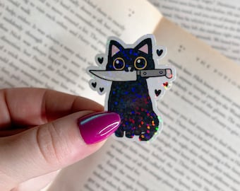Cat Sticker | Holographic Cat with Knife Sticker | Kindle Sticker | Vinyl Glitter Sticker | Cute, Funny Kindle Sticker