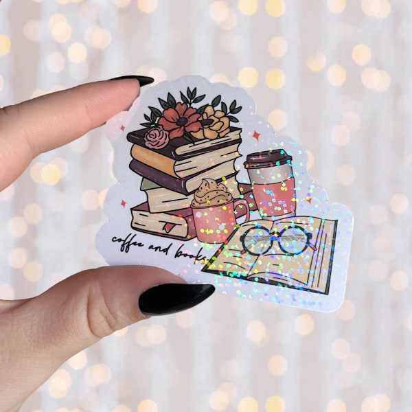 Reading Sticker | Holographic Coffee and Books | Waterproof Kindle Laptop | Vinyl Glitter Sticker