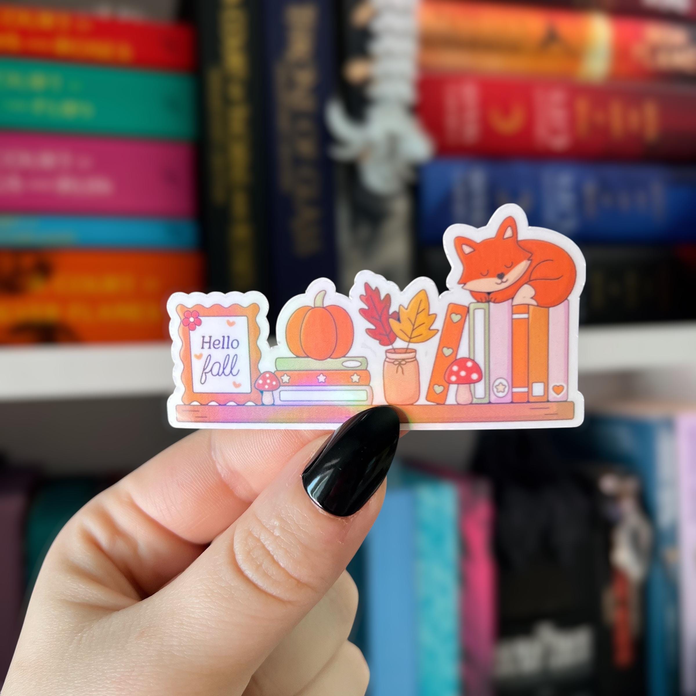 Hello Fall Bookshelf Sticker Autumn Vinyl Sticker Books, Pumpkin, Fox, Fall Leaves Holographic Vinyl Reading Sticker for Kindle, Kobo