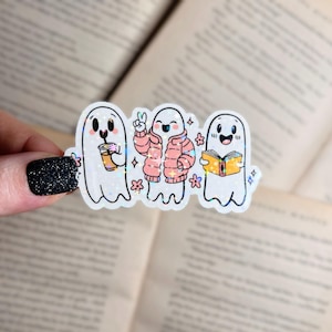 Cute Ghost Fall Sticker | Holographic Halloween Bookish Sticker | Ghost Drink Sticker | Cozy Ghost Vinyl Sticker for Kindle, Laptop, Journal