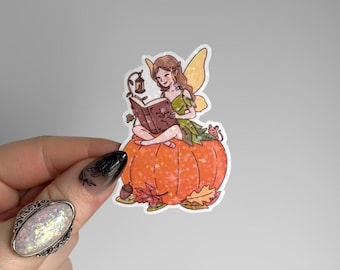 Autumn Fairy Reading Sticker | Holographic Fall Pumpkin Bookish Sticker for Kindle