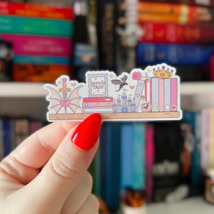 Romantasy Bookshelf Sticker | Fantasy Romance Book Stack | Castle, Dragon & Sword Bookish Shelf Decor |  Holographic Kindle Reading Sticker