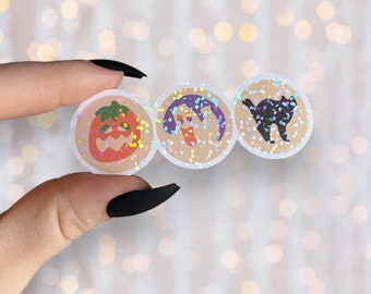 Halloween Cookies Sticker | Holographic Ghost, Pumpkin, Black Cat Cookies Sticker | Waterproof Kindle Laptop | Vinyl Glitter Sticker