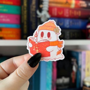 Cozy Fall Ghost Sticker | Autumn Reading Ghost Bookish Sticker | Holographic Ghost Holding Book Sticker for Kindle, Laptop, Kobo, iPad
