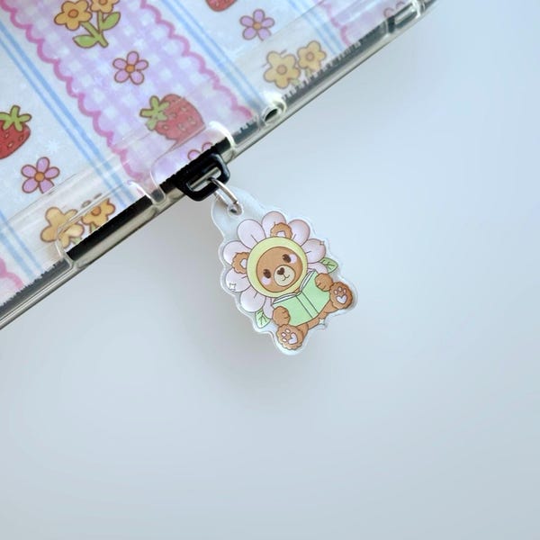 Spring Reading Bear Charm | Bookish Dust Plug Accessory for Kindle, Phone and More