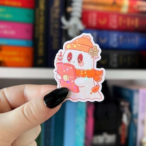 Cozy Fall Ghost Sticker | Autumn Reading Ghost Bookish Sticker | Holographic Ghost Holding Kindle Sticker for Kindle, Laptop, Kobo, iPad