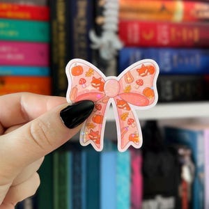 Fall Fox Bow Sticker | Pink Woodland Autumn Vinyl Sticker | Fox, Mushroom, Pumpkin Coquette Bookish Sticker for Kindle, Kobo, Laptop, iPad