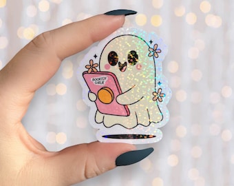 Book Sticker | Holographic Ghost With Kindle | Bookish Girlie Ghost | Kindle Vinyl Glitter Sticker | Bookish Gift