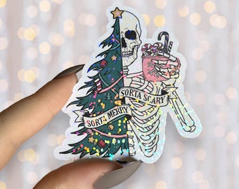 Spooky Christmas Sticker | Holographic Skeleton Sorta Merry Sorta Scary | Waterproof Kindle Laptop | Vinyl Glitter Sticker | Christmas Gift