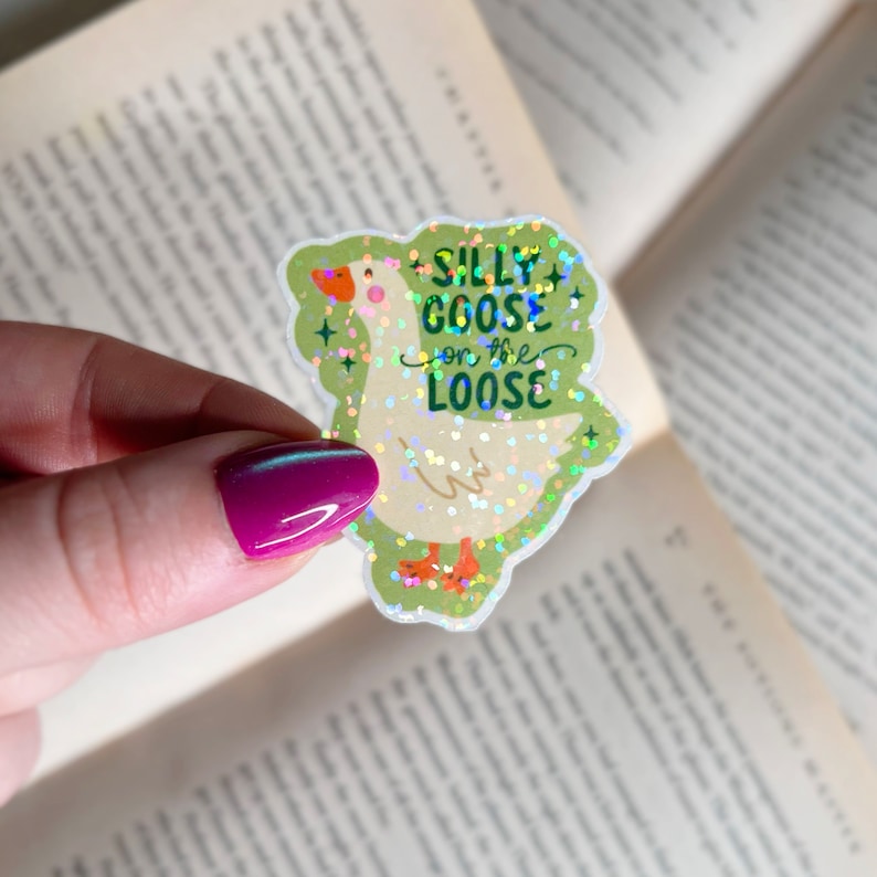 May include: A holographic sticker featuring a cartoon goose with the text "Silly Goose on the Loose". The sticker has a green background with glitter accents.