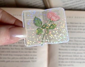 Reading Sticker | Holographic Rose on Book Sticker | Laptop, Kindle, E-Reader Sticker | Vinyl Glitter | Bookish Gift