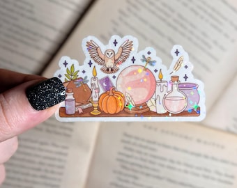 Witchy Fall Sticker | Holographic Owl Crystal Ball Sticker | Halloween Apothecary Vinyl Sticker | Spooky Potion Laptop Sticker | Bookish