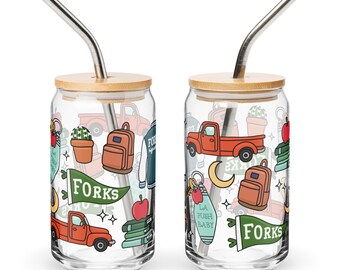 Vaso de cristal de pueblo pequeño / Vaso de café helado con estética vampírica acogedora / Vaso para amantes de los libros de vampiros / Vaso para fans del otoño con tapa de bambú