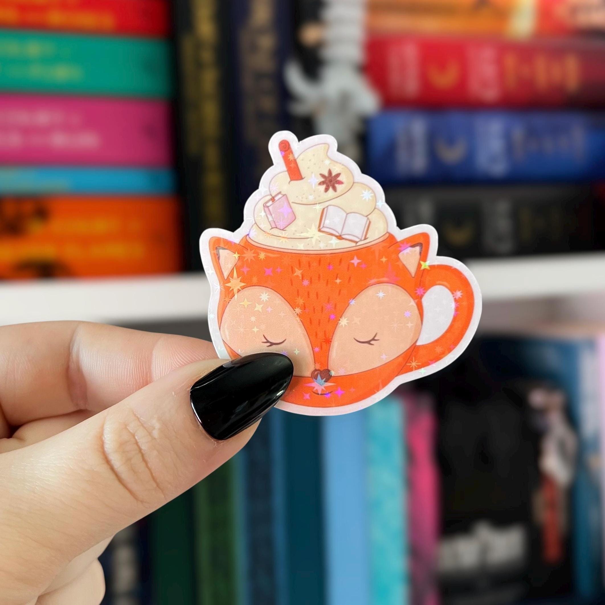 Fox Mug Bookish Latte Sticker Cozy Fall Books & Coffee Sticker Holographic Vinyl Sticker for Kindle, Laptop, Kobo, iPad