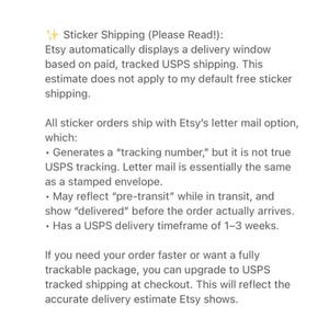 May include: Text on a white background details sticker shipping information, including Etsy's delivery estimates and the use of letter mail for sticker orders. It explains tracking and delivery timeframes.