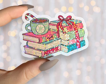 Christmas Reading Sticker | Holographic Books and Hot Cocoa Sticker | Waterproof Kindle Laptop | Vinyl Glitter Sticker | Christmas Gift
