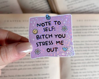 Note To Self Sticker | You Stress Me Out Sticker | Holographic Kindle Sticker | Glitter Vinyl Sticker | Funny Anxiety Sticker