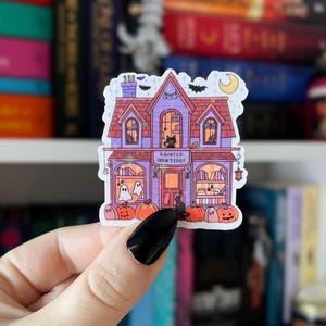 Haunted Bookstore Sticker | Cozy Spooky Bookshop Halloween Sticker | Holographic Haunted House Bookish Sticker for Kindle, iPad, Laptop