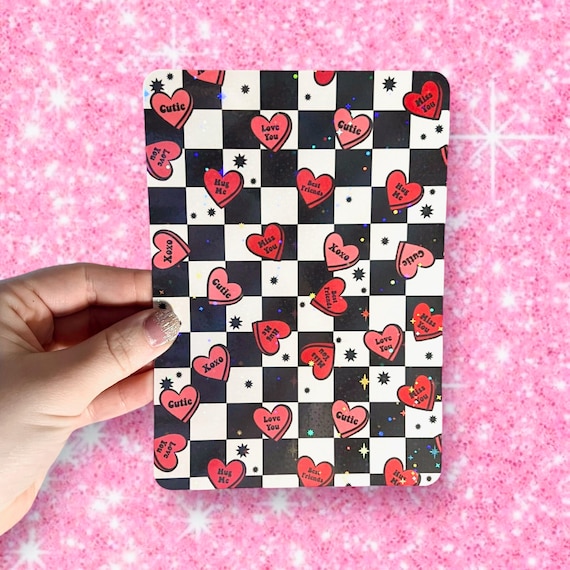 Candy Heart Kindle Case Insert | Holographic Case Insert for E-Readers | Black White Checkers | Valentine’s Gifts | Glitter Cardstock Decor
