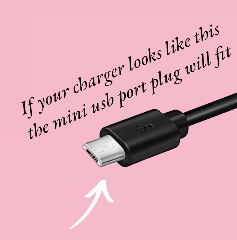 May include: Close-up of a black micro USB connector. The text reads "If your charger looks like this the mini usb port plug will fit".