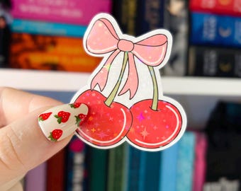 Couquette Cherry Sticker | Holographic Cottagecore Sticker | Kindle Sticker | Vinyl Glitter Sticker | Bookish Sticker | Bookish Gift