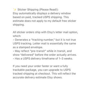 May include: A white informational graphic featuring black text regarding sticker shipping policies. The text explains Etsy delivery windows, letter mail tracking limitations, and the option to upgrade to tracked shipping at checkout.