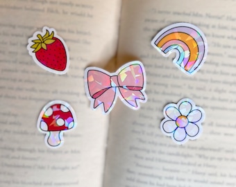 Mini Sticker Pack | Holographic Bows, Mushroom, Rainbow, Strawberry, Flower Sticker Pack | Vinyl Glitter Sticker
