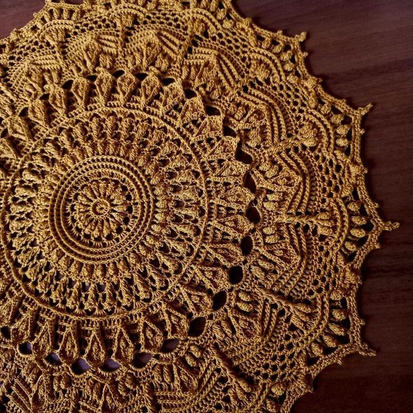 Crochet gold doily for sale. Round crocheted table centerpiece 17 inch .Mustard textured crochet doily.