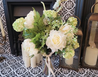 Artificial flower arrangement - white rose and peony with  fern bouquet with choice of glass vase