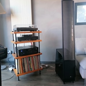 May include: A wooden audio rack with black metal supports holds a turntable, amplifier, and other audio components. A tall, black speaker with a perforated front panel stands nearby. A collection of vinyl records is visible.